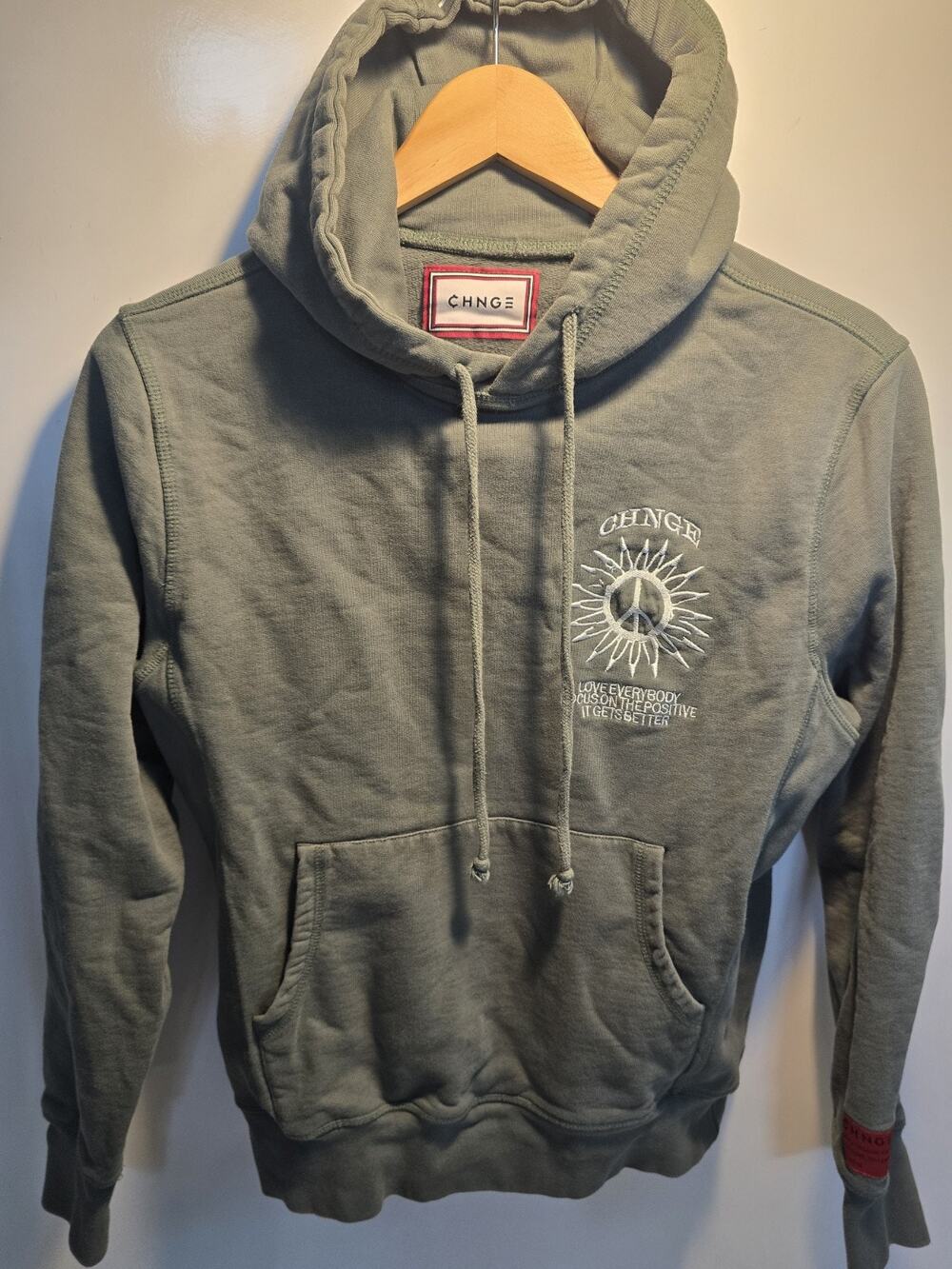 CHNGE Embroidery Positivity and Love Green Pullover Hoodie XXS frog heavyweight
